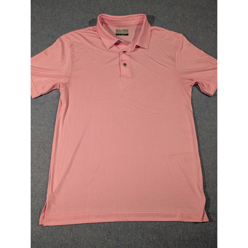 PGA Tour Mens Pink Striped Short Sleeve Golf Polo Shirt Size Small Performance